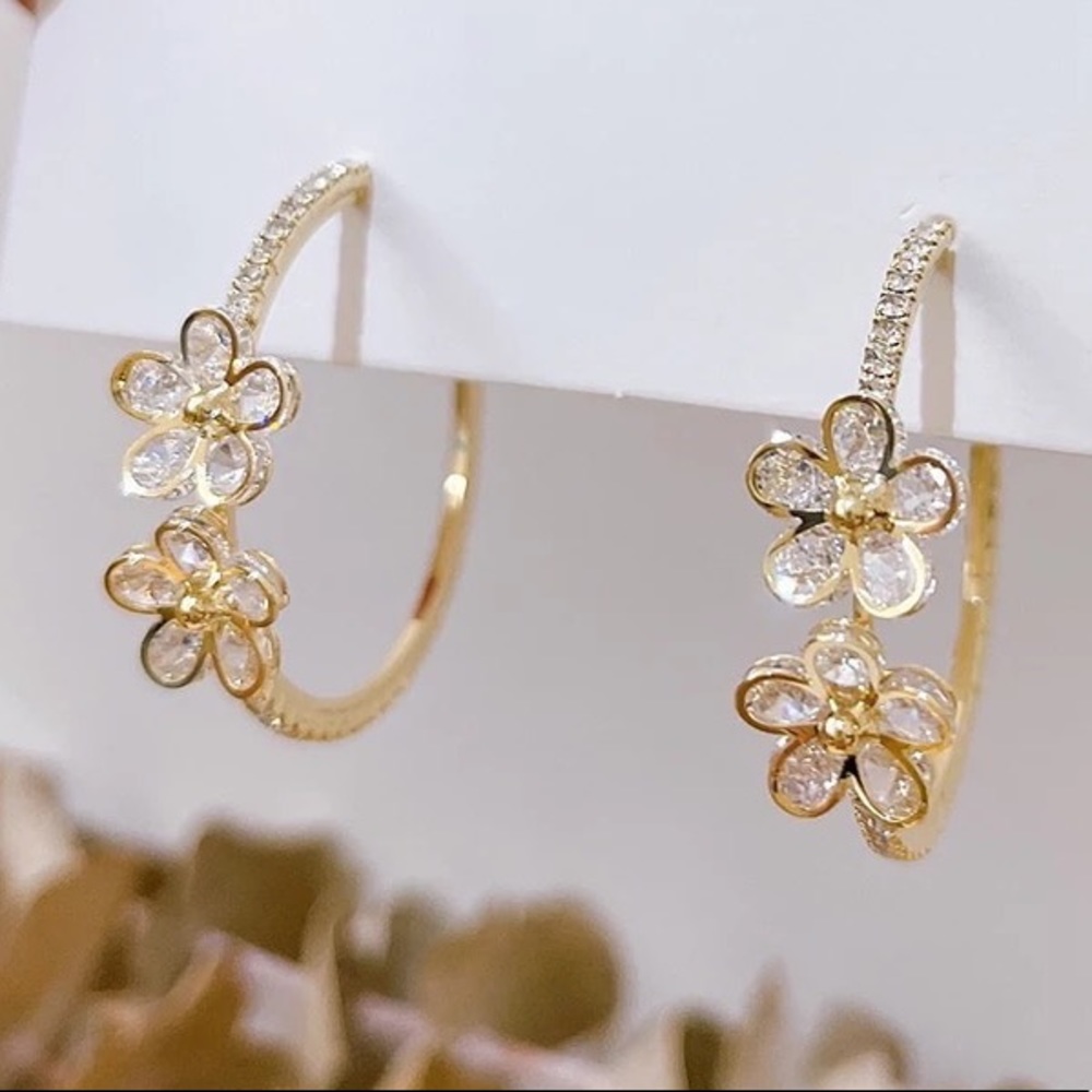 NEW - 14K Gold Plated Diamond Flower Accent C-Hoop Earrings